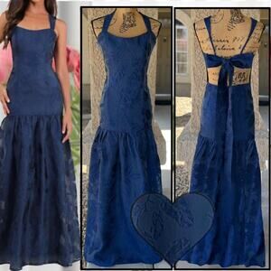 Lulus Navy Floral Jacquard Tie-Back Drop Waist Opulent Aura Maxi Dress Size L